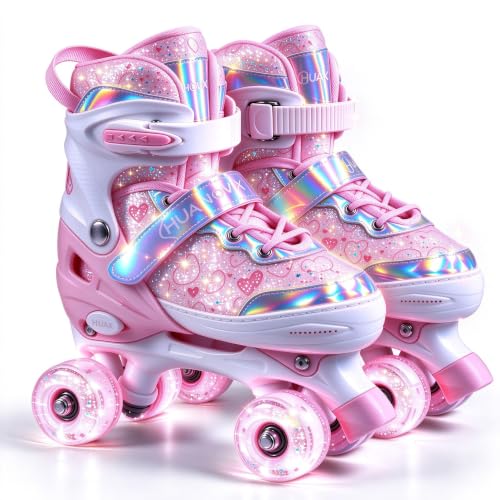 Pink Adjustable Kids Roller Skates for Girls Boys Toddlers Teens Youth - Small (10C-13C)