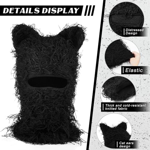 Newcotte Black Distressed Balaclava Ski Mask with Cat Ear Knitted Beanie Y2k Full Face Mask Furry Cap Windproof Winter Hat Neck Warmer for Men Women