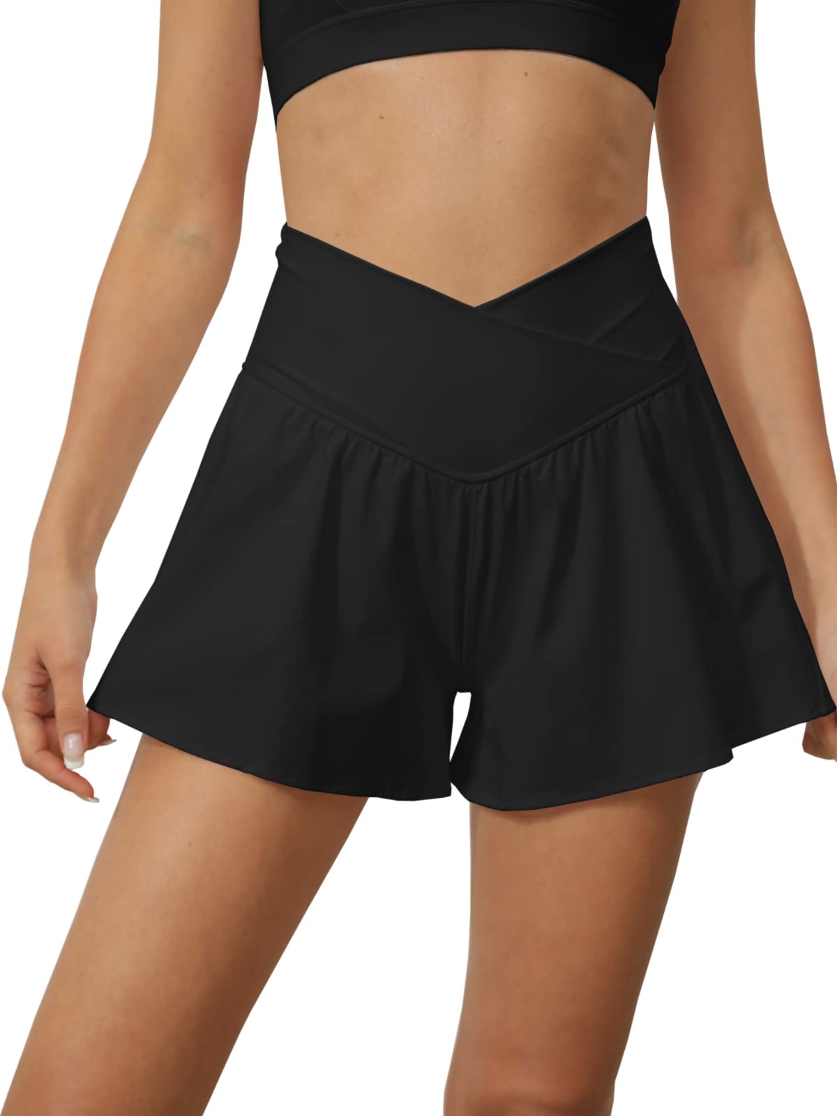 Tongmingyun Women Crossover Shorts Flowy Athletic Butterfly 2 in 1 Shorts with Pocket High Waist Running Workout Skorts Black