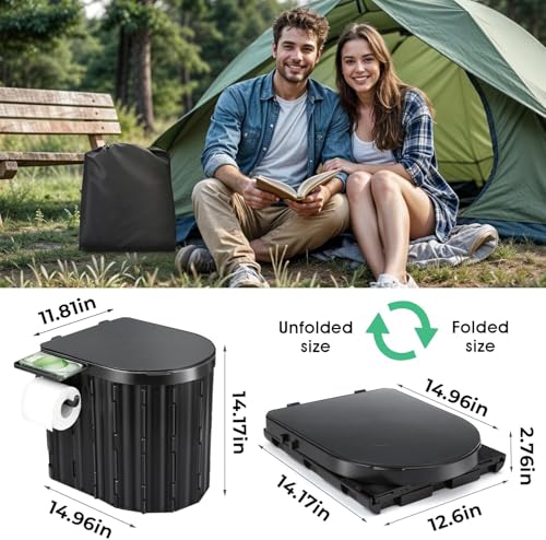 Portable Camping Toilet with Lid & Paper Holder - Black