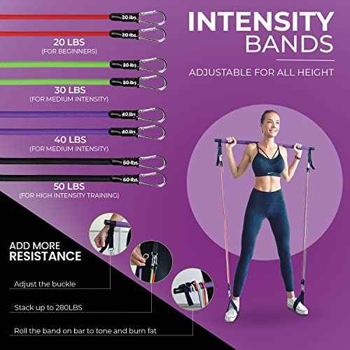 Portable Pilates Bar Kit with Resistance Bands (20, 30, 40, 50 LB) - 8 Week Video Program - Premium Quality Home Equipment 3 Section Pilates Bar with Resistance Bands Full-Body