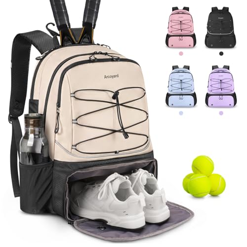 Arcoyard Beige Tennis Bag Holds 2 Rackets Backpack with Ventilated Shoe Compartment