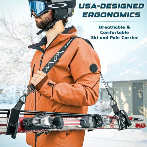 Ski Straps & Pole Carrier - Black - Heavy-Duty with Adjustable Strap Length & Cushioned Shoulder Sling