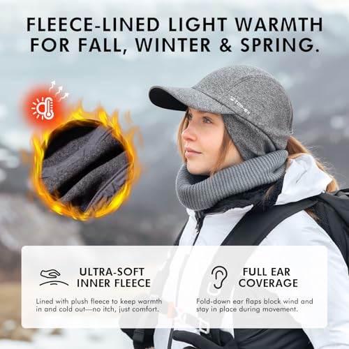 TOP-EX M/L/XL Unisex Water-Repellent Baseball Cap with Ear Flap Ponytail Hole Reflective Winter Hat Fleece Lining Hat