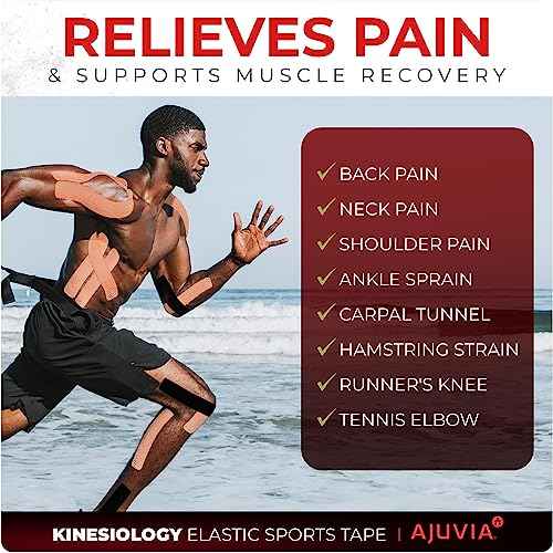 AJUVIA Synthetic Kinesiology Tape, 1 Roll, 10% Bonus, 20 + 2 Precut Strips, Lasts up to 14 Days, Hypoallergenic and Waterproof K Tape for Muscle Pain Relief and Joint Support