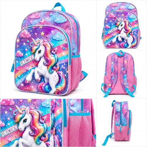17-Inch Unicorn Backpack for Girls - 3D Holographic Rainbow School Bag - Variation: Unicorn