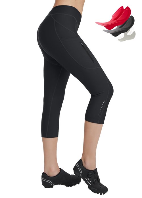baleaf Women's Bike Pants Lycra Padded 3/4 Cycling Capris Shorts High Waist Biking Bicycle Padding Tights Black L