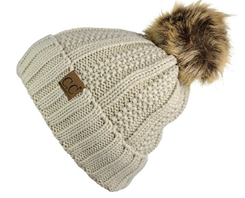 Beige Faux Fuzzy Fur Pom Beanie Hat - Thick Cable Knit Skull Cap with Cuff