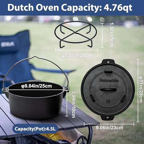 Naturehike Dutch Oven Pot with Lid-4.76 Qt Pre-Seasoned Cast Iron Dutch Oven with Storage Bag-Dual Handles-Lid Doubles as Cast Iron Grill Pan, Use in the Oven, on the Stove & Grill, over the Campfire