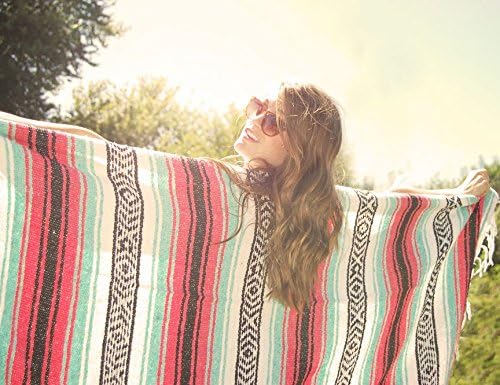 Authentic Del Mex Large Mexican Blanket - Woven Falsa Throw (70"x50") for Beach, Yoga & Outdoor Decor - Pink/Tan