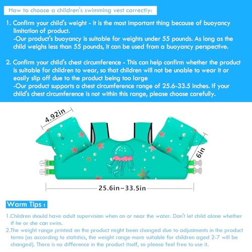 Kids Swim Vest Life Jacket for 30-55 lbs - Bright Green Toddler Floaties with Shoulder Harness & Arm Wings - for 2-7 Years Old