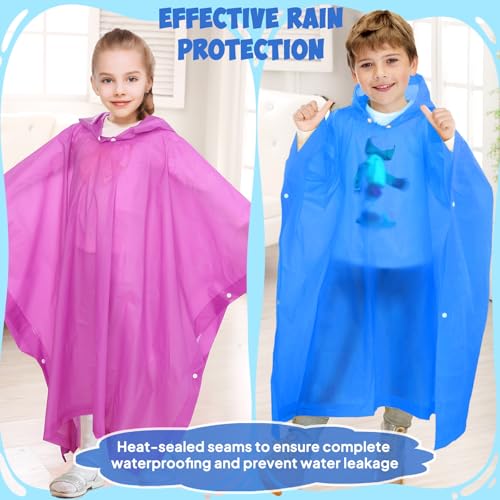 Kids Waterproof Reusable Rain Poncho Set - Blue 2 Pack - Hooded Outerwear for Boys & Girls