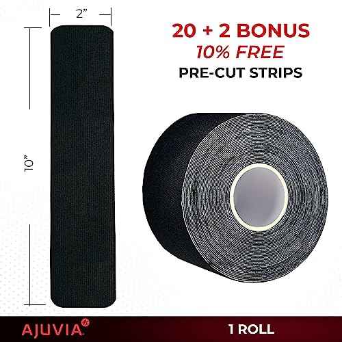 AJUVIA Synthetic Kinesiology Tape, 1 Roll, 10% Bonus, 20 + 2 Precut Strips, Lasts up to 14 Days, Hypoallergenic and Waterproof K Tape for Muscle Pain Relief and Joint Support