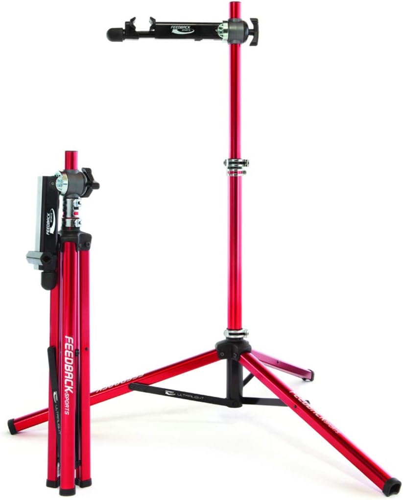 Feedback Sports | Ultralight Bike Repair Stand | Bicycle Workstand W/Tripod Base | Lightweight and Durable Aluminum | Red (Red, Ultralight)