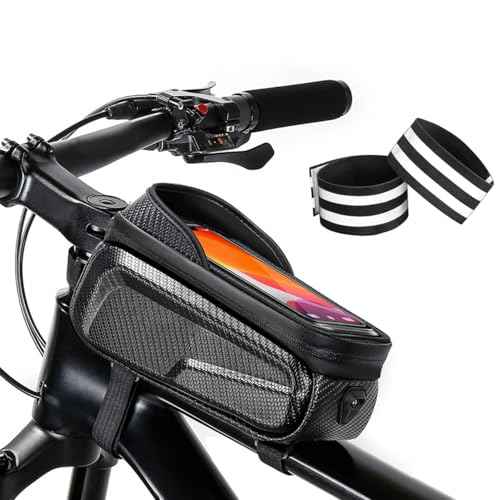 Waterproof Bike Bag Phone Front Frame Bag, Bicycle Accessories Pouch, EVA Bike Phone Holder Top Tube Bag Handlebar Bags, with 2 Reflective Tapes, Compatible Phones Under 7''