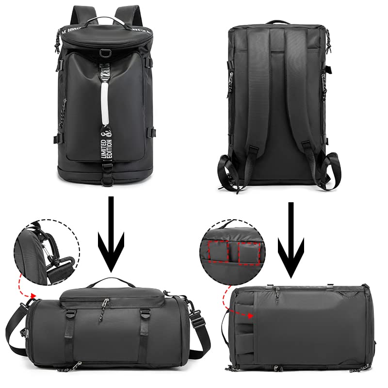 Waterproof Black Gym Duffle Bag with Laptop Compartment - 40L Travel & Sports Backpack - Trendy Lightweight Design for Men & Women (Black)