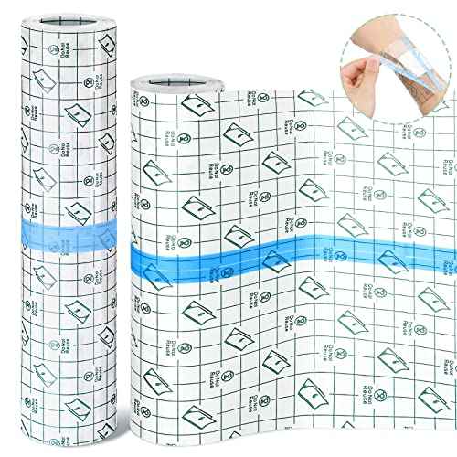 Nuanchu 2 Rolls Transparent Stretch Adhesive Bandage Waterproof Tattoo Bandage Round Transparent Film Dressing Clear Adhesive Dressing Tape for Shower Tattoos(8 Inch, 10 Inch Wide)