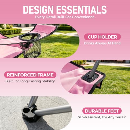 Pink Camping Chair with Cup Holder - Portable Folding Lawn Chair Supports 330LBS