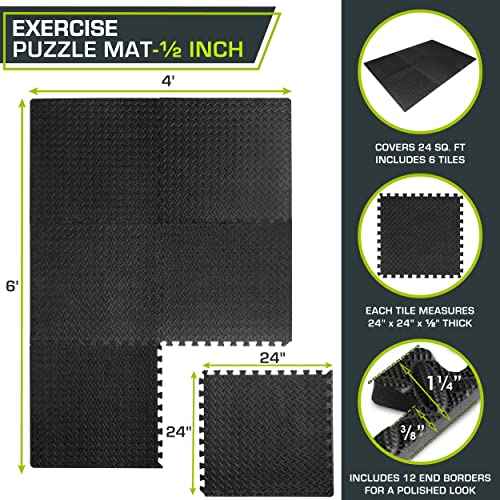 ProsourceFit Puzzle Exercise Mat ¨ö in, EVA Interlocking Foam Floor Tiles for Home Gym, Mat for Home Workout Equipment, Floor Padding for Kids, Black, 24 in x 24 in x ¨ö in, 24 Sq Ft - 6 Tiles