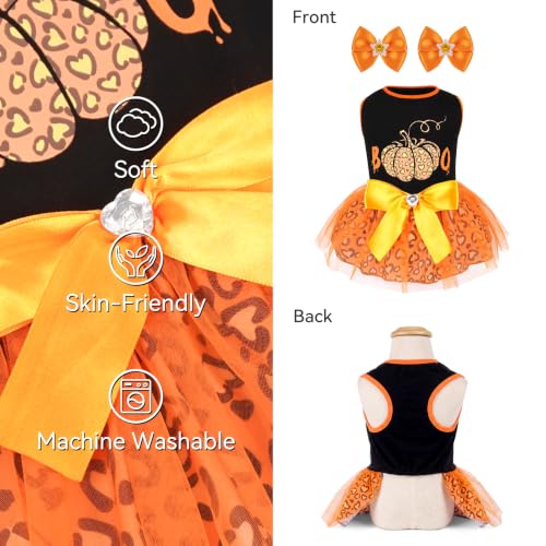 Dog Halloween Dress Pumpkin Print Tulle Outfit XX-Large with Hair Bow - Cyeollo