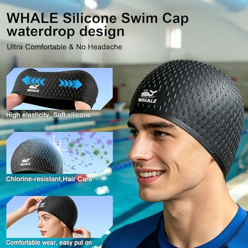 Extra Large Swim Cap for Long Hair & Curly Hair with Waterproof Ear Design - Black