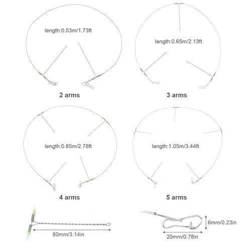 Conskyee 10pcs Fishing Leaders, High-Strength Stainless Steel 70LB 3Arms Wire Leader, Saltwater Tackle Rigs Fishing Leader Line Rig with Snaps Luminous Beads for Lures Bait Hooks