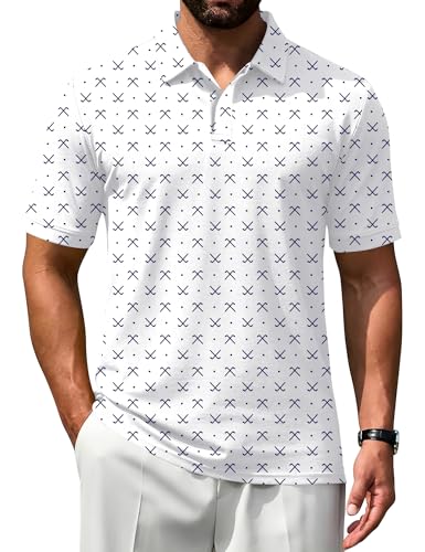 Poriff Men's Short Sleeve Golf Polo Shirt Dry Fit Moisture Wicking Top - White, Large