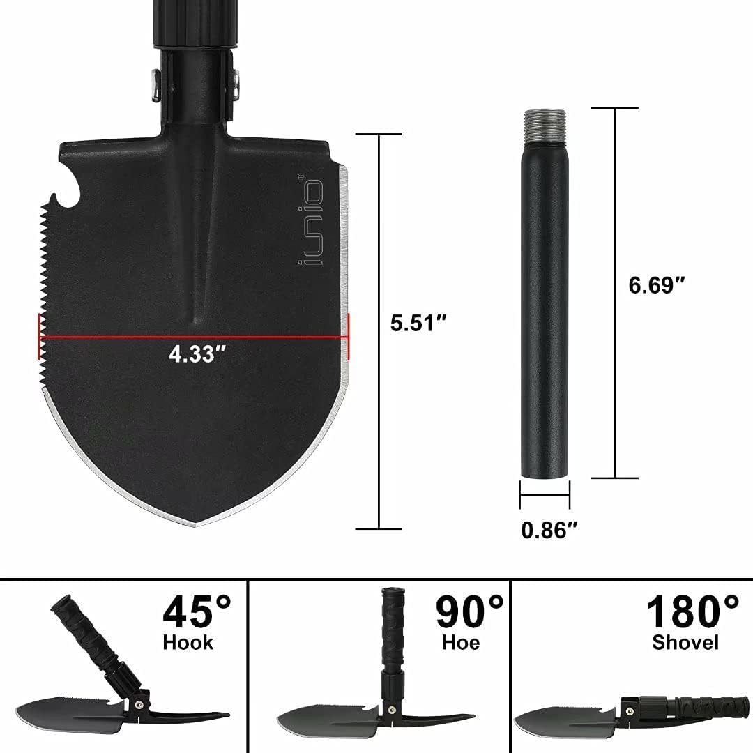 iunio Camping Shovel,Shovel Folding, Portable, Multitool, Foldable Entrenching Tool, Collapsible Spade, for Backpacking, Trenching, Hiking, Survival, Car Emergency