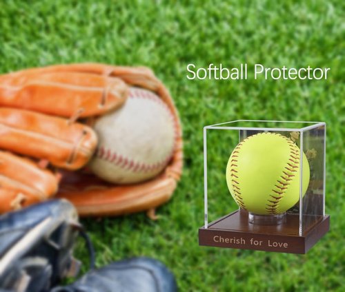 Softball Display Case Clear Acrylic Display Cube for Softball Baseball Tennis Ball Sports Ball Storage with Wooden Base - Display Memorabilia and Souvenirs