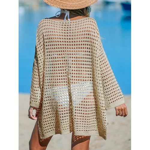 CUPSHE Women's Crochet Cover Up Cutout Drop Shoulder Long Sleeves Pullover Beachwear Bathing Suit 2025