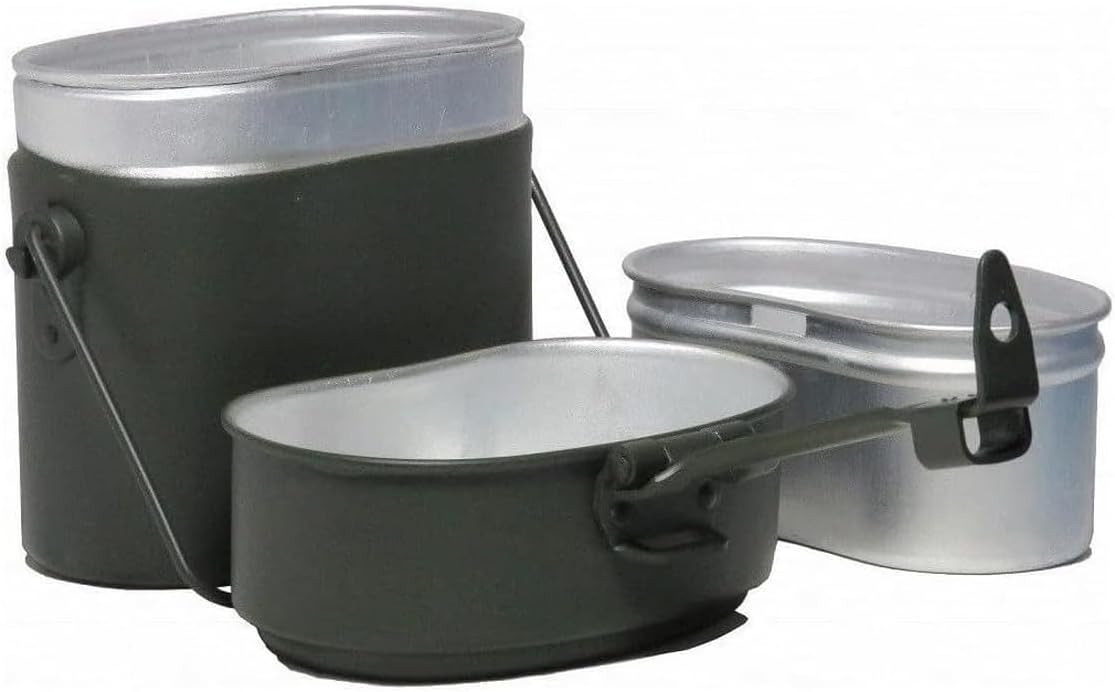 MIL-TEC German Style Gray Aluminum Mess Kit | Three-Part Portable Military Mess Tin with Clap Frame | Ideal for Camping, Hiking, Outdoor Cooking | Height: 6.5", Width: 4.25", Weight: ca. 16 oz.