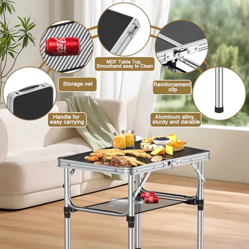 Portable Folding Camping Table 2ft with Adjustable Heights & Mesh Storage - Lightweight Aluminum Picnic Table for Outdoor & Indoor Use