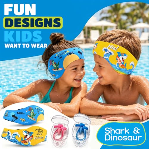 Kids Swim Headband with Earplugs and Nose Clip Set - Shark & Dinosaur Variation 05