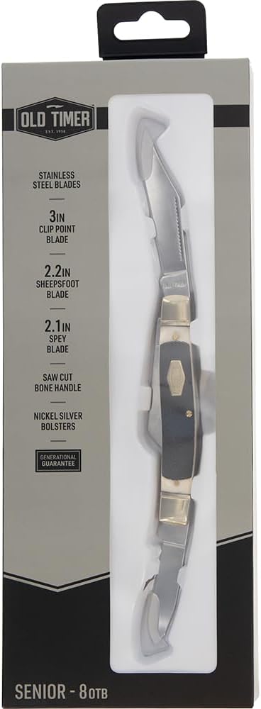 Old Timer 8OTB Genuine Bone Senior Traditional Folding Pocket Knife with High Carbon Stainless Steel, 3 Mirror-Polished Blades, and Sawcut Bone Handle for EDC, Whittling, Camping, Hunting, and Outdoor
