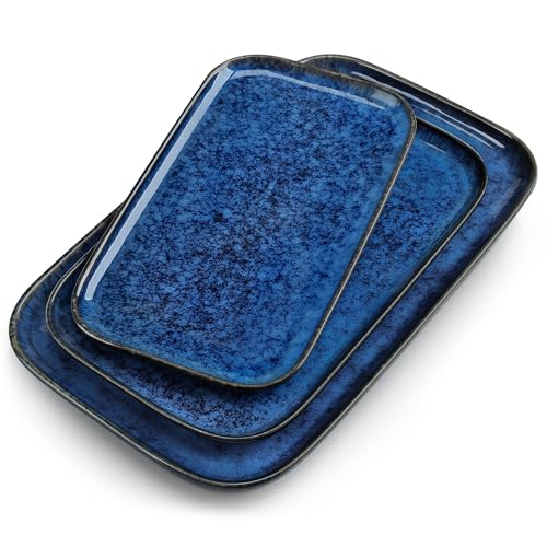 Vancasso Stern Serving Platters Set of 3 Blue Rectangular Trays - 11, 13, 15 Inches