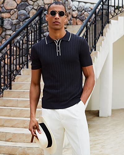 Men's Vintage Knitted Polo Shirt Short Sleeve Solid Collared Golf Top - Large Black