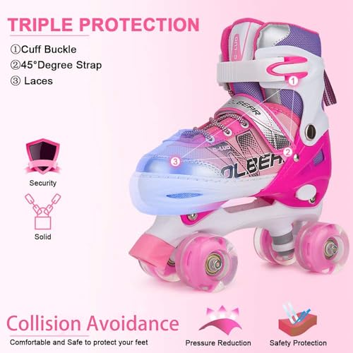 Pink Adjustable Roller Skates for Girls and Women, All 8 Illuminating Wheels, Large (3-6 US)