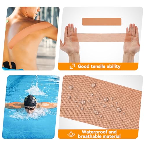 Kinesiology Tape Pre-Cut 2 Rolls, Athletic Tape for Muscle Joints Support and Recovery, Waterproof, Breathable, for Outdoors, Exercise and Fitness, 40 Strips, Beige, 2inch x 16ft
