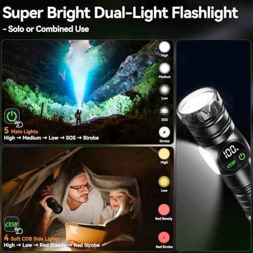 Flashlight Rechargeable 2000 High Lumens Ultra-Bright Covers 3200 ft©÷ Focus Up to 3900 feet,IPX7 Waterproof Tactical LED Flashlight with COB SideLight & Magnetic Base for Camping Home Emergency