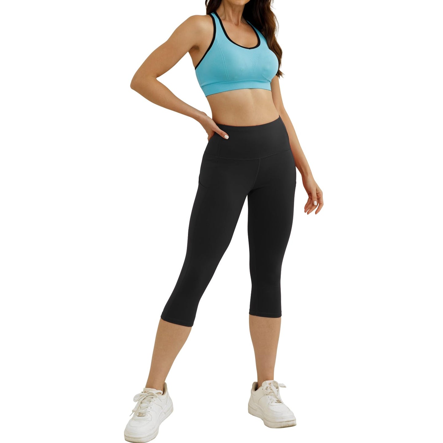 Match Women's Tummy Control High Waisted Active Yoga Pants with Pockets Buttery Soft Workout Leggings (Capris Black, Large)