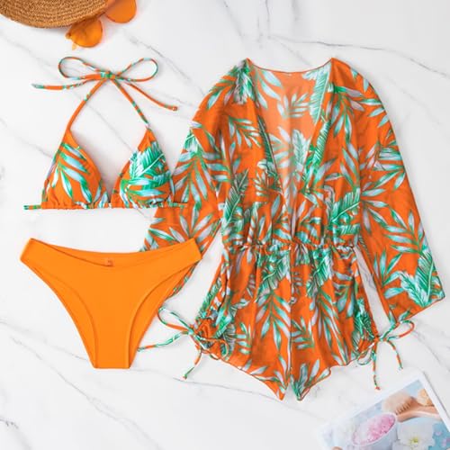 3 Piece Swimsuits for Women Sexy Leaf Print Bikini Set with Tummy Control Mesh Cover Up Tropical Swimsuits XS-XXL