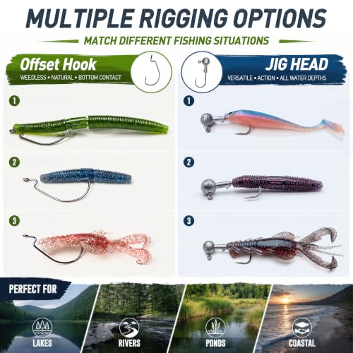 Fishing Lures Kit with Soft Baits, Hooks, Jig Heads & Tackle Box