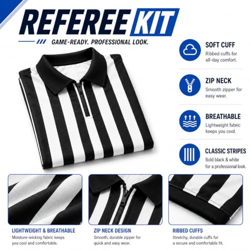 Large Referee Costume Set with Shirt, Hat, Penalty Flag & Whistle - Unisex Sports Costume