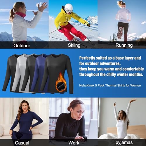5 Pack Long Sleeve Thermal Shirts for Women Ultra Soft Fleece-Lined Crew Neck Workout Baselayer Tops
