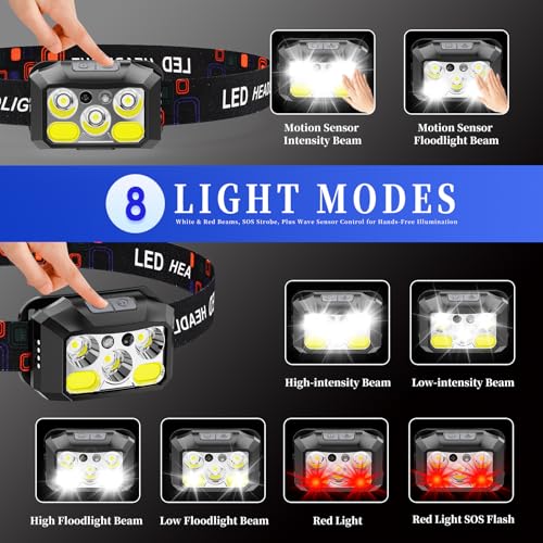 Black Rechargeable LED Headlamp 3-Pack, 800 Lumens, USB-C Waterproof, 8 Modes