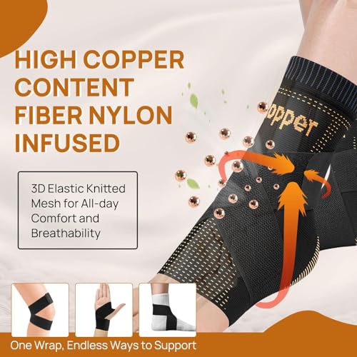 Large Copper Ankle Brace Support - Breathable Adjustable Compression Sleeve - Black 01