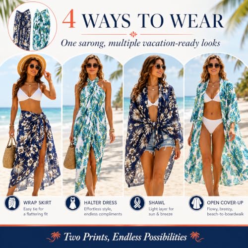 Women Sheer Beach Sarong Wrap - Blue Flowers & Coconut Tree, Long Chiffon Coverup