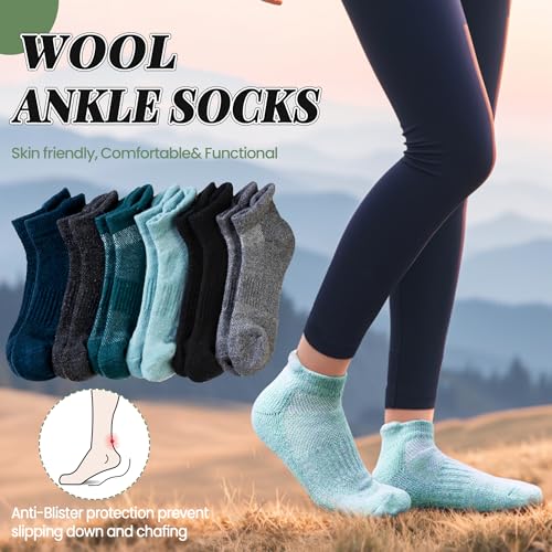 Merino Wool Ankle Hiking Socks for Men & Women - Thick Cushioned, Breathable, No Show Socks 6 Pairs - Blue & Green, Large