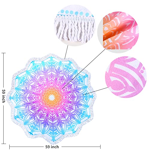 Large Boho Mandala Round Beach Towel - Fast Dry, Sand Free, 59 Inch Aqua Blue