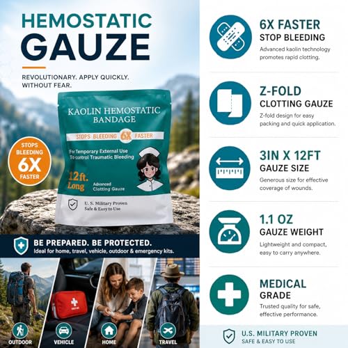 First Aid Hemostatic Gauze Kit - Bleeding Stopper, 3 x 12.5 Inches, Tactical Medical Supplies - Variation 1